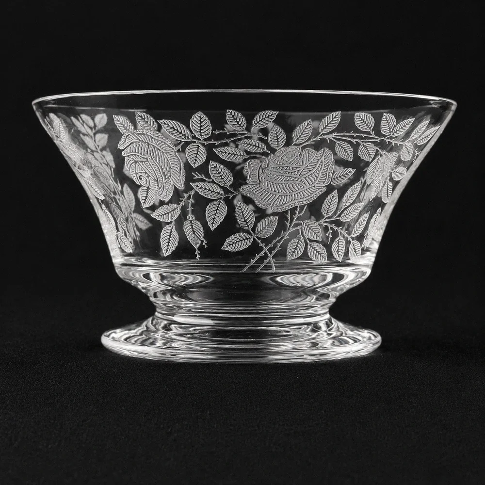 Tiffin Franciscan Roses Etched Glass Berry Dessert bowls Set of 6 Etched Footed